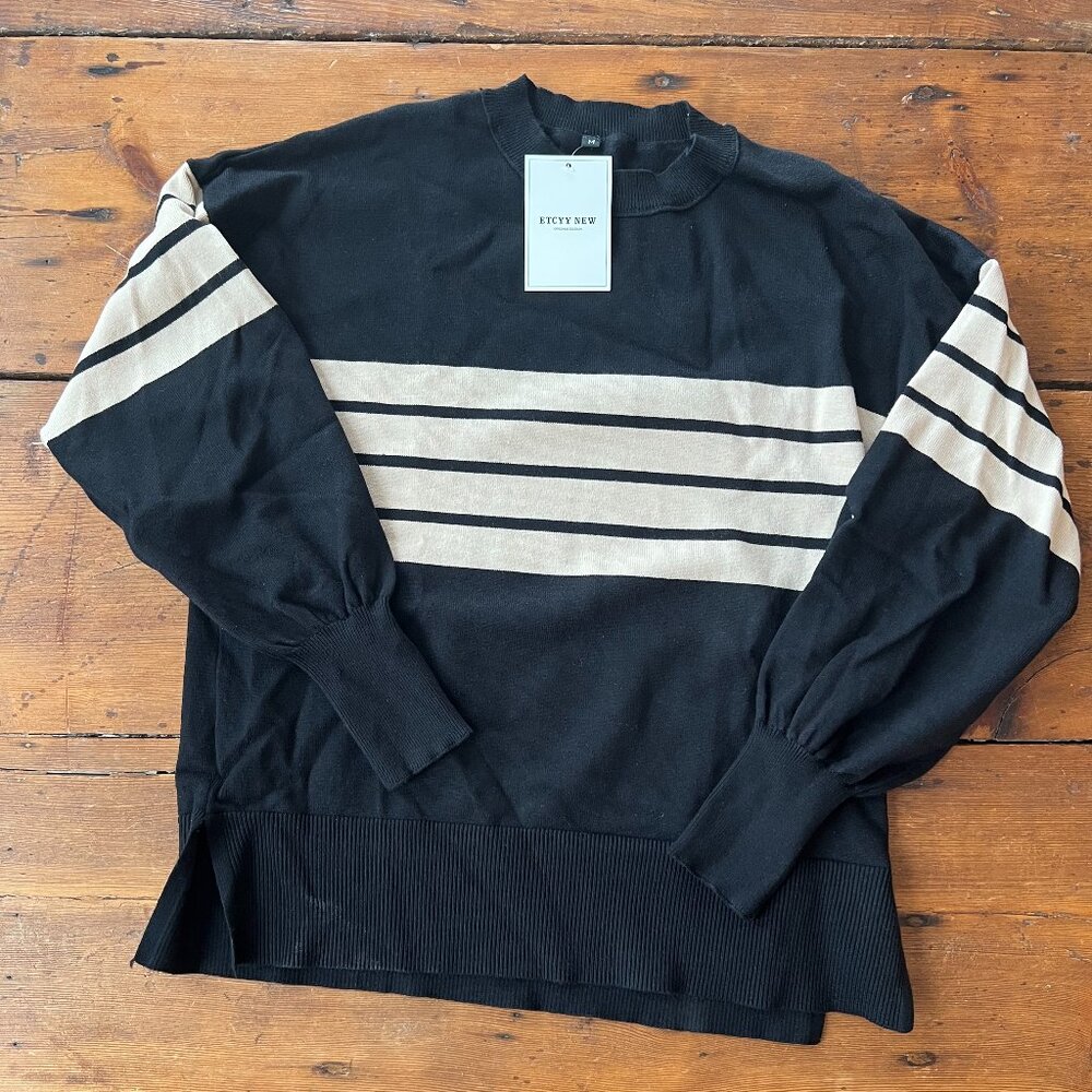 Black and Tan stripe crewneck sweater with split hem tunic length